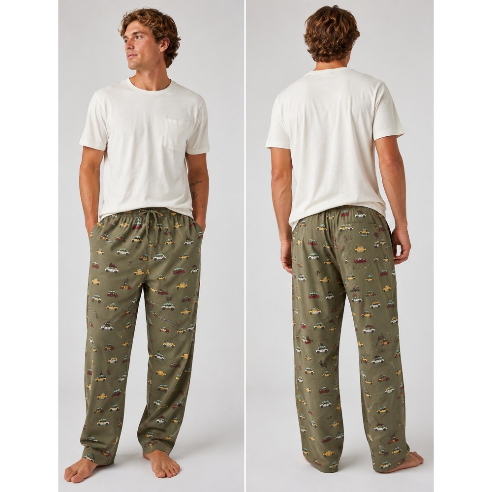 Prana Pants Mens XXL Green Organic Cotton Surf Car Woody Wagon Print Lounge‎